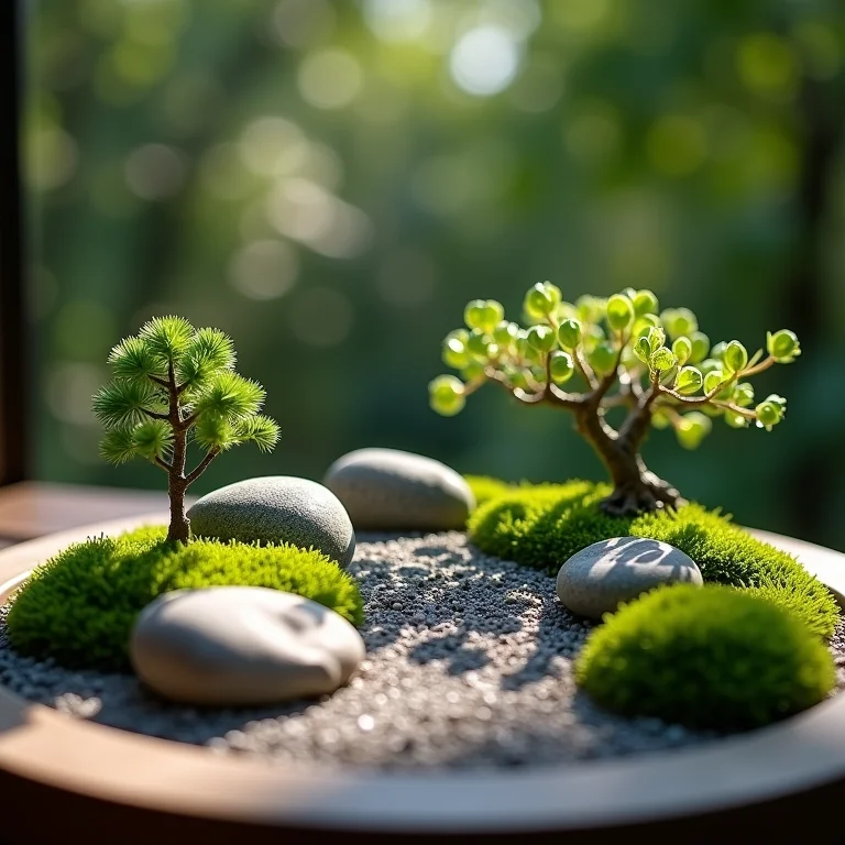 Mini jardim zen com pedras e musgo