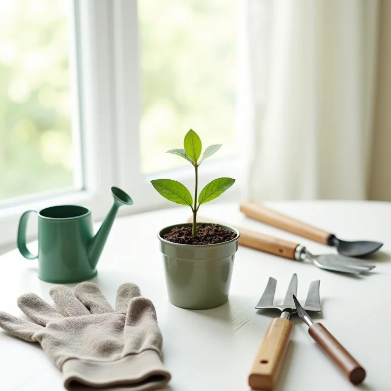 Muda de planta em vaso com ferramentas de jardinagem
