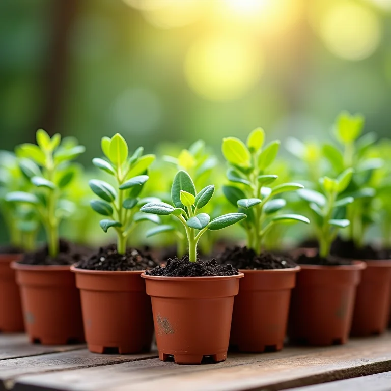 Mudas de diversas plantas (ervas, vegetais, flores) em pequenos vasos.