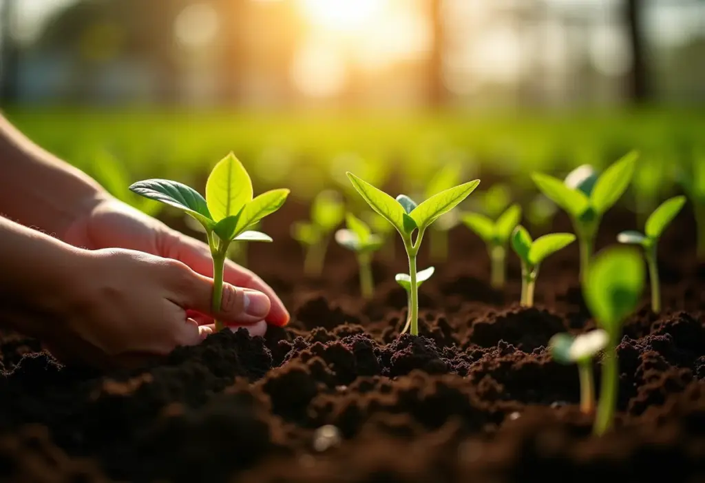 Mudas sendo transplantadas para solo fértil.