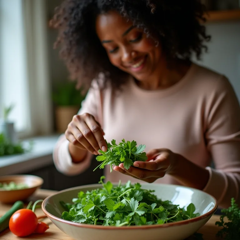 Mulher adicionando ervas frescas a uma salada.
