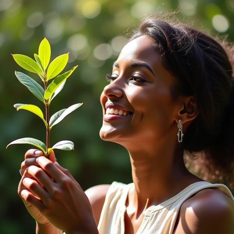 Mulher admirando muda de jacarandá-mimoso no jardim