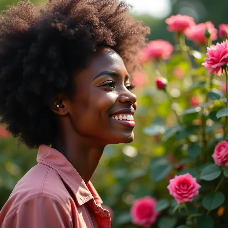 Mulher admirando suas roseiras exuberantes após a poda de limpeza
