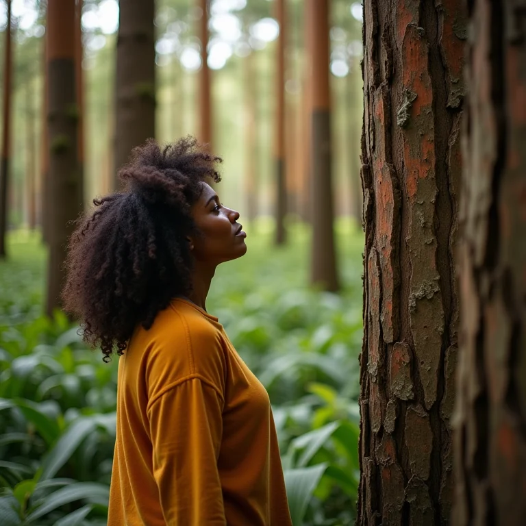Mulher admirando um eucalipto arco-íris.