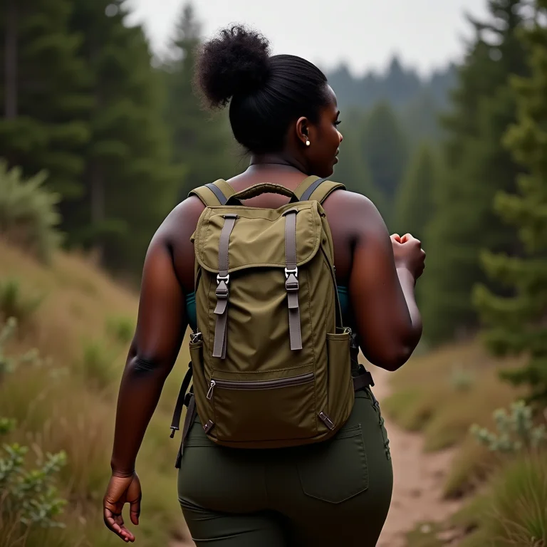 Mulher ajustando as alças da mochila durante trilha.