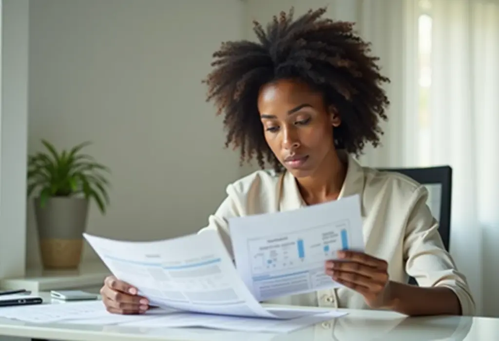 Vida financeira: 5 passos secretos para sair do vermelho AGORA Mulher analisando finanças para sair do vermelho