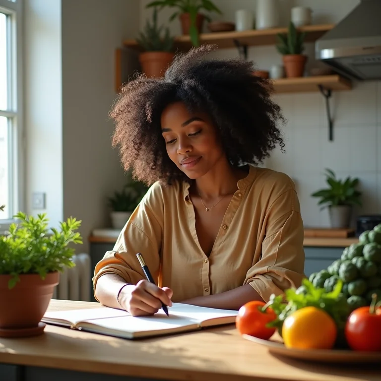 Mulher analisando seus hábitos de consumo em um diário alimentar.