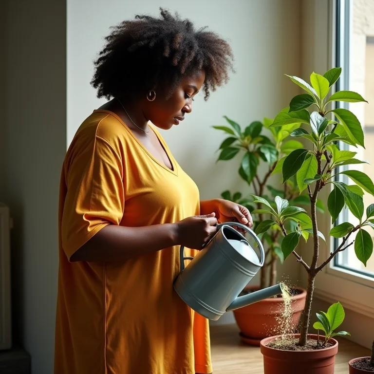 Mulher aplicando adubo líquido caseiro em planta