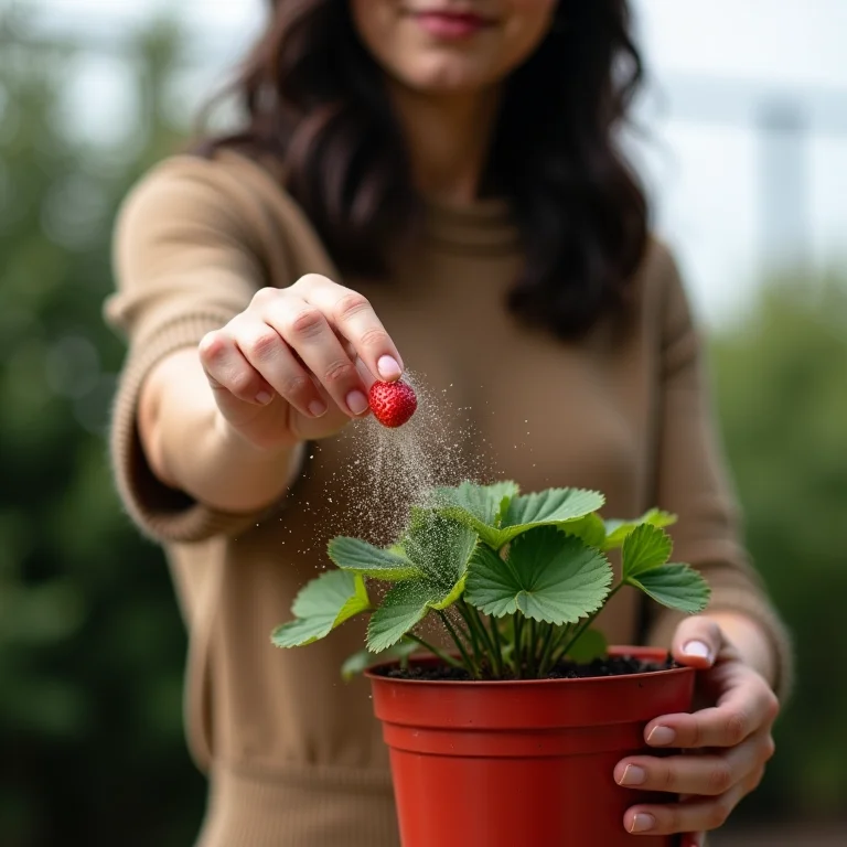 Mulher aplicando adubo sólido caseiro em morangueiro