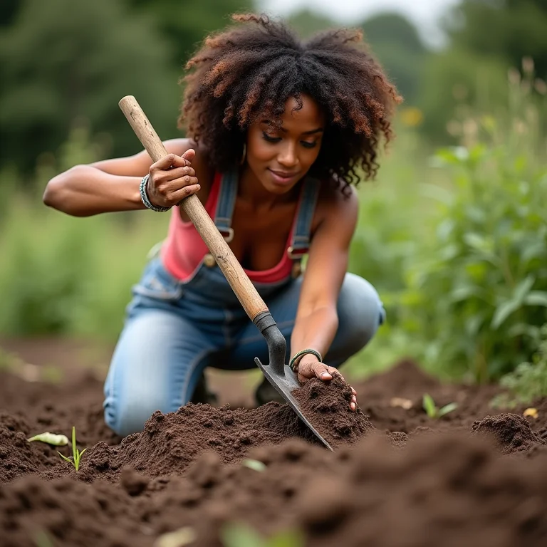 Mulher aplicando esterco de galinha no jardim