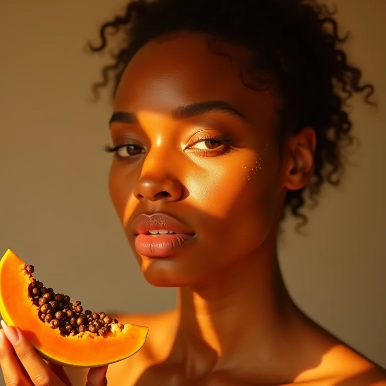 Mulher aplicando um spray facial, com pele hidratada e mamão ao lado.