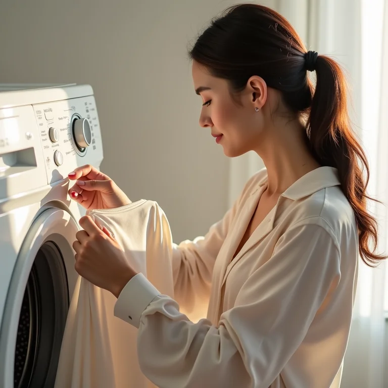 Mulher colocando blusa de seda na máquina de lavar
