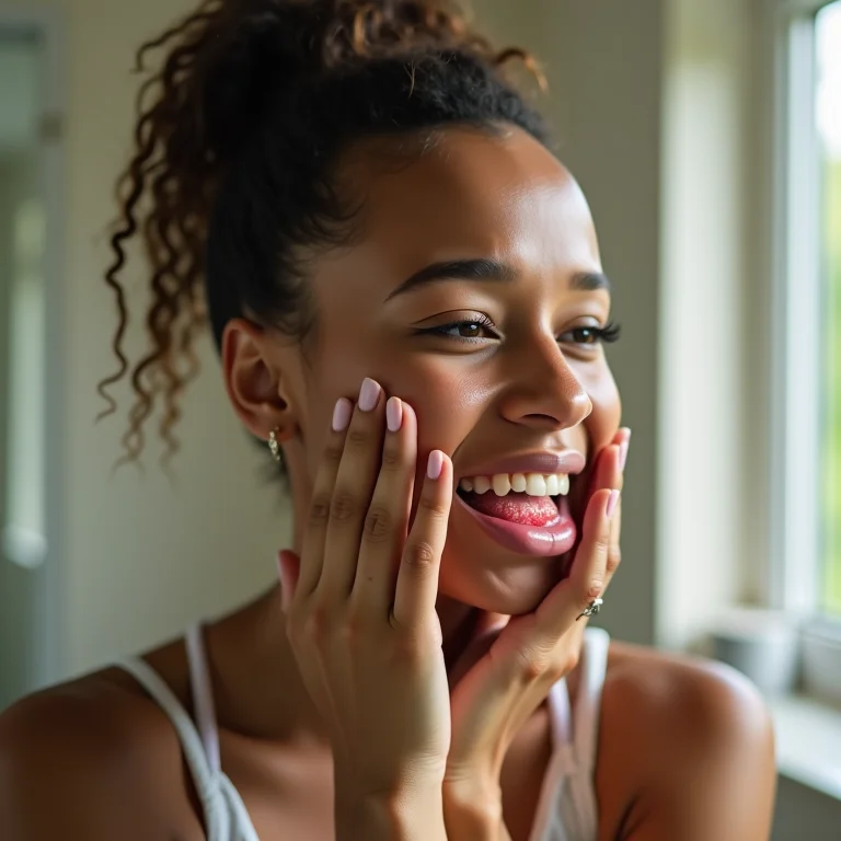 Mulher com gengivas inflamadas, expressando desconforto.