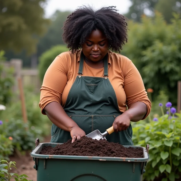 Mulher compostando resíduos para adubo