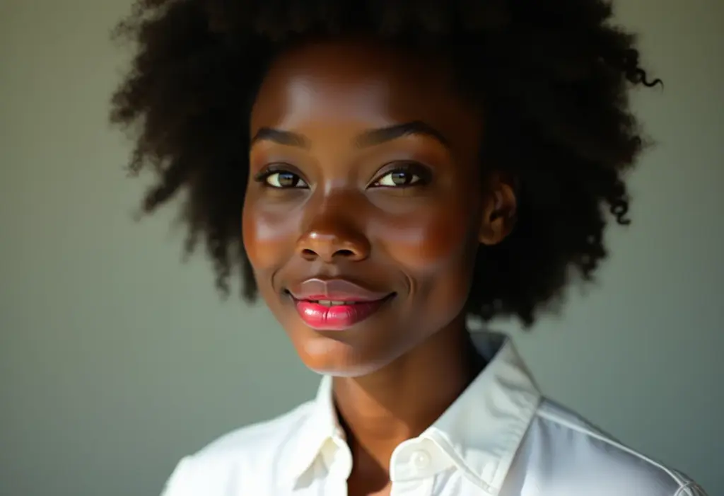 Mulher confiante com mancha sutil de batom na gola da camisa branca