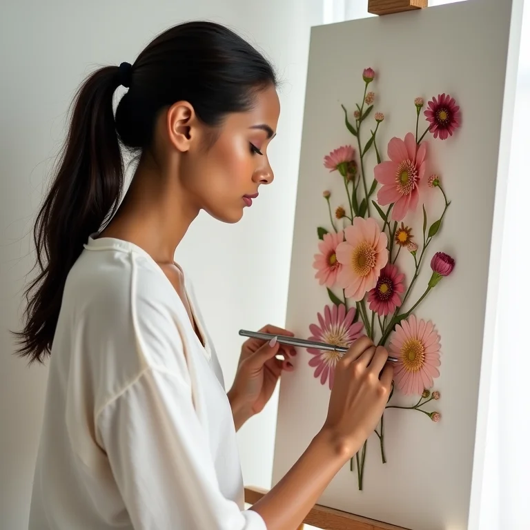 Mulher criando colagem floral com flores prensadas