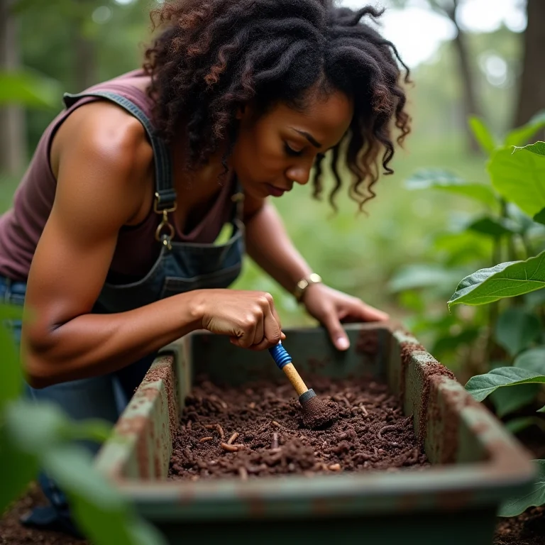 Mulher cuidando da composteira de minhocas californianas
