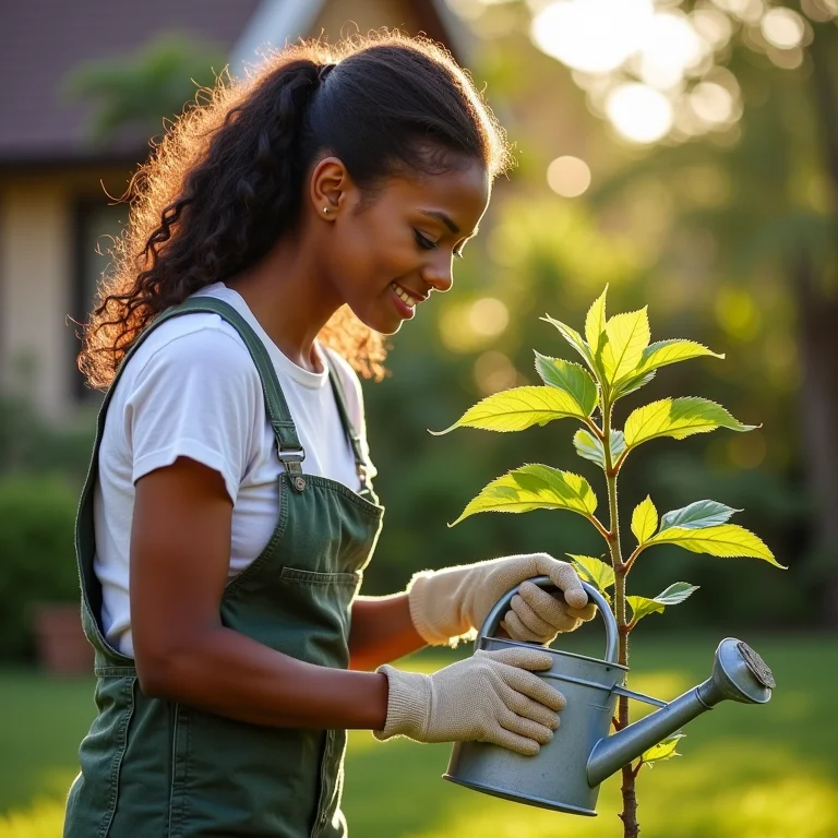 Mulher cuidando de árvore enxertada com regador em jardim ensolarado.