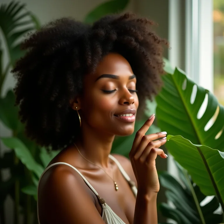 Mulher cuidando de plantas em jardim interno