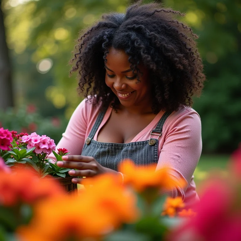 Mulher cuidando de plantas ornamentais à sombra