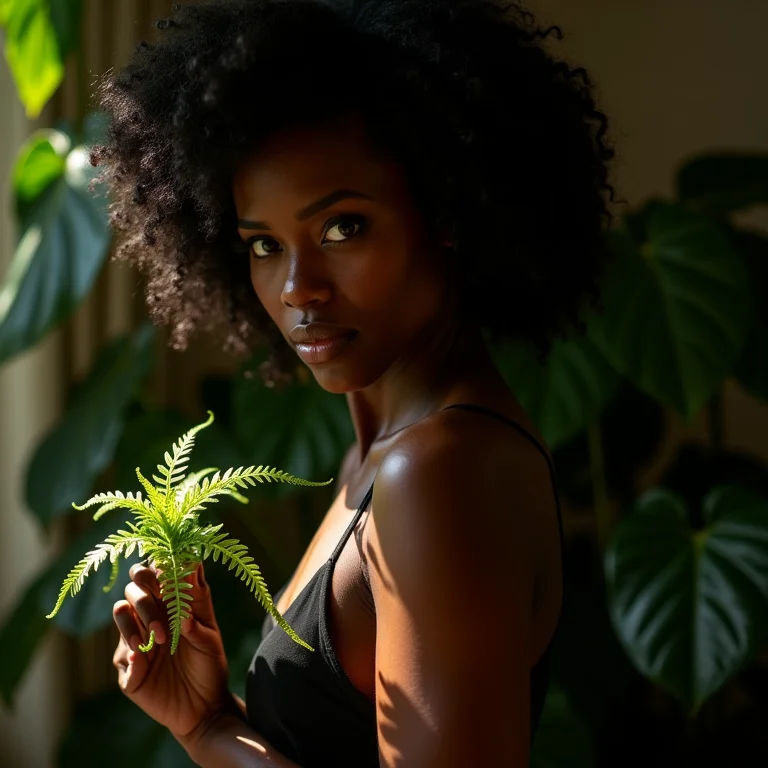 Mulher cuidando de samambaia em ambiente sombreado