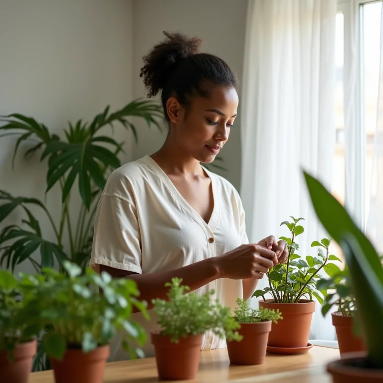 Mulher cuidando de suas plantas em casa, escolhendo as flores certas para o espaço