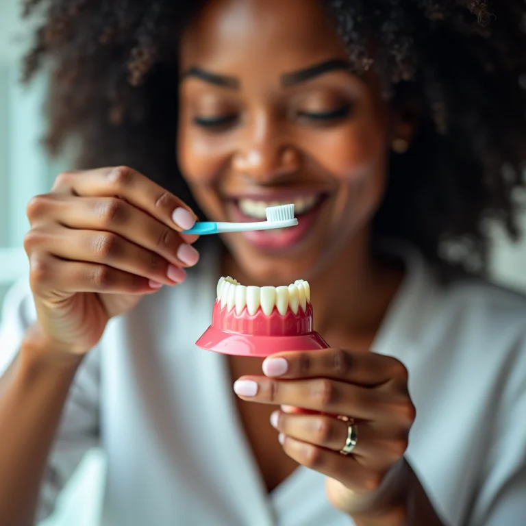 Mulher demonstrando a técnica correta de uso do fio dental