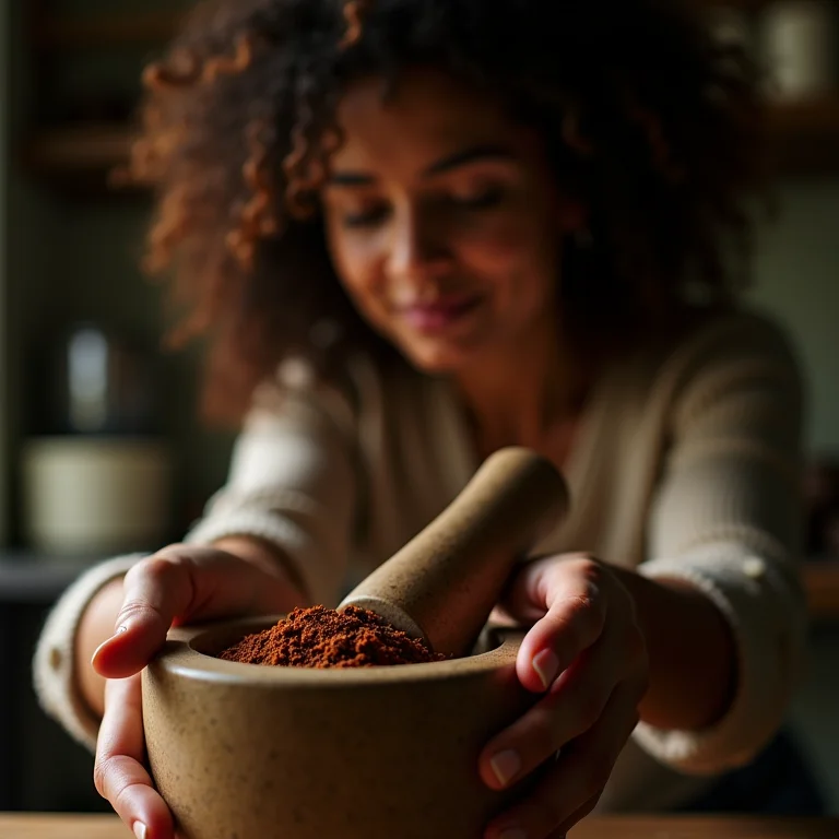 Mulher diversa moendo especiarias.