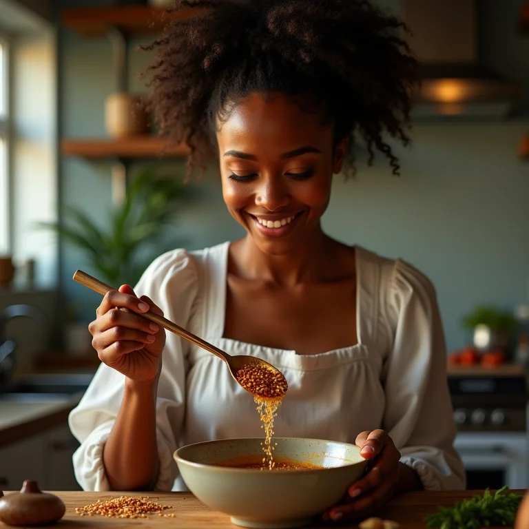 Mulher diversa preparando marinada com óleo de gergelim.