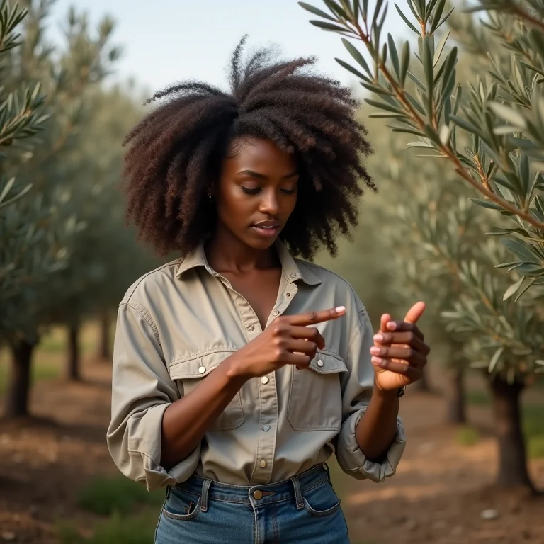 Mulher escolhendo mudas de oliveira em um viveiro