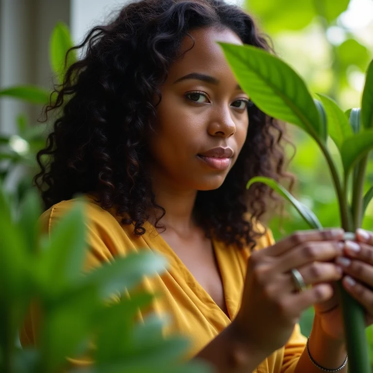 Mulher examinando as folhas de uma planta para avaliar suas necessidades de luz.