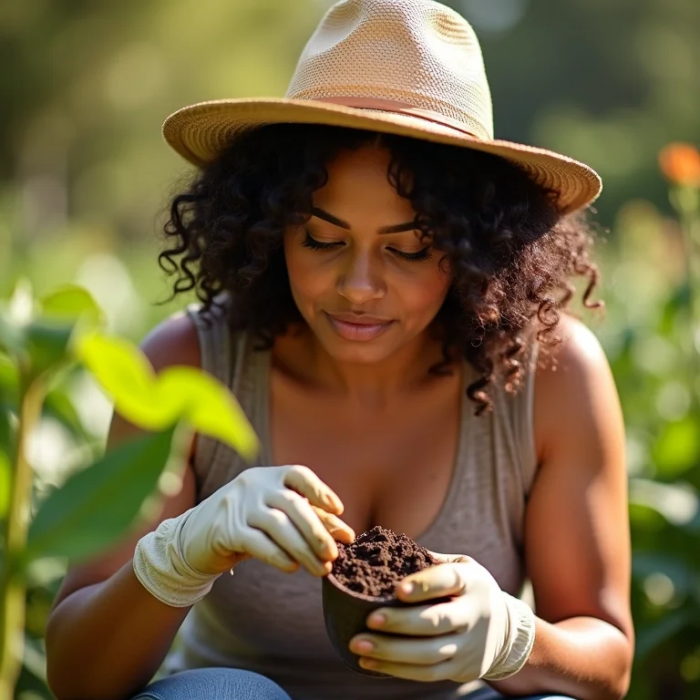 Mulher examinando o solo em seu jardim.