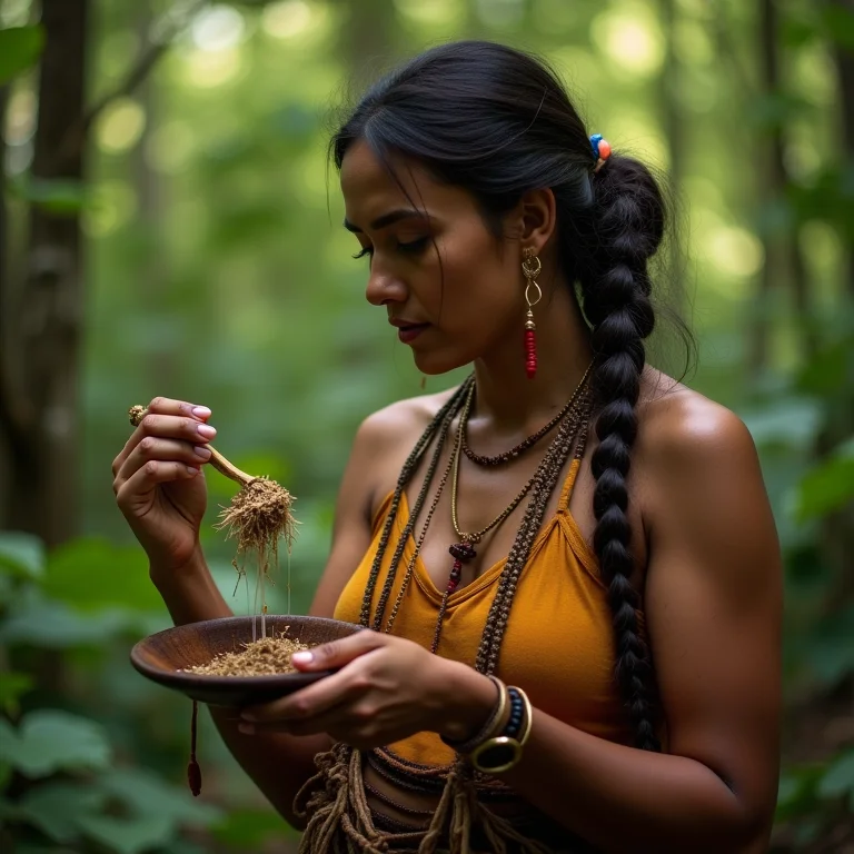 Mulher indígena preparando remédio tradicional com casca de árvore na floresta.