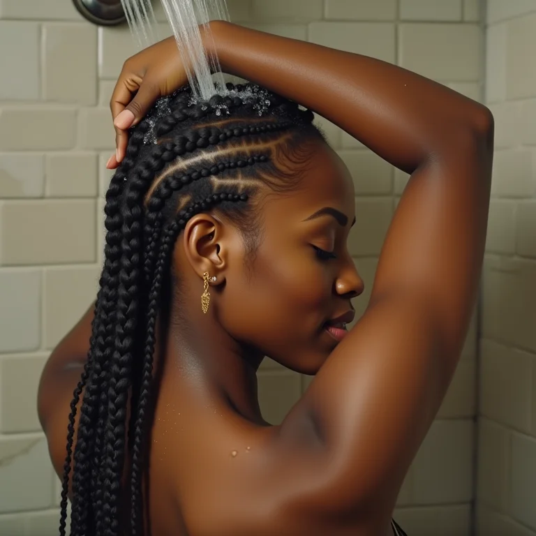 Mulher lavando as box braids no chuveiro com cuidado.