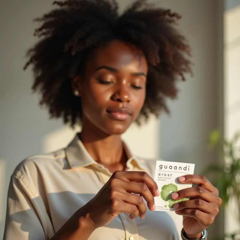 Mulher lendo rótulo de produto com Guanandi