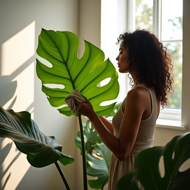 Mulher limpando folhas de planta de interior