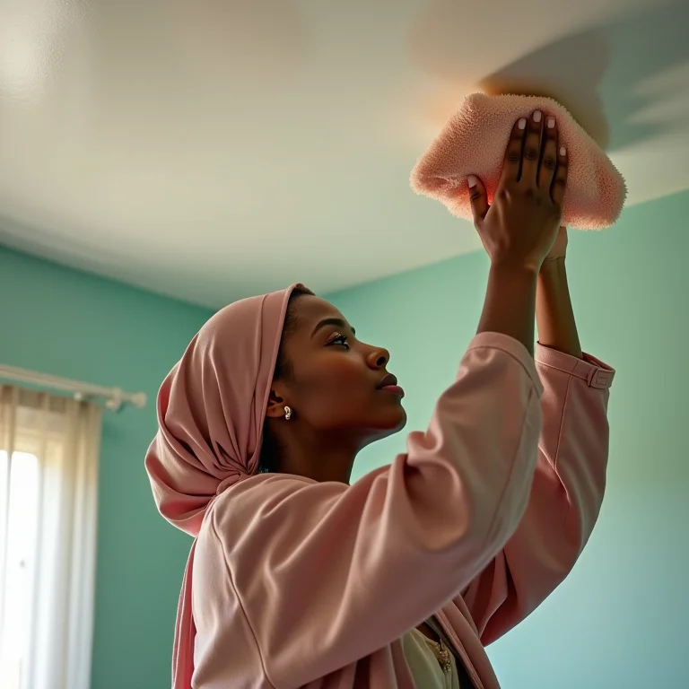 Mulher limpando forro de PVC com pano de microfibra