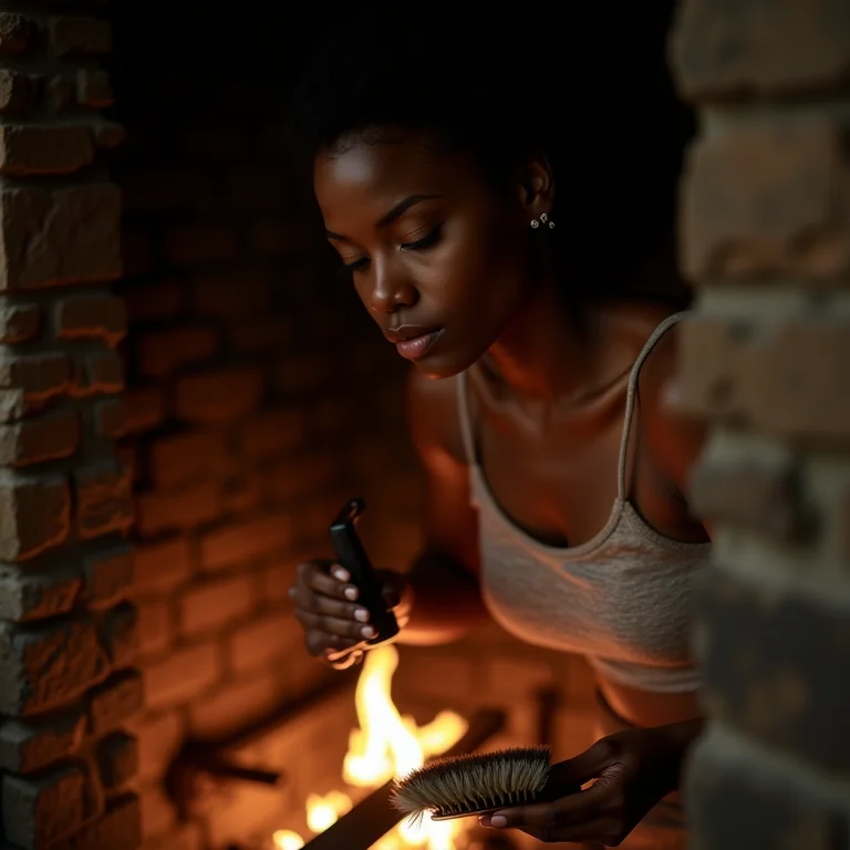 Mulher limpando o interior da lareira com uma escova