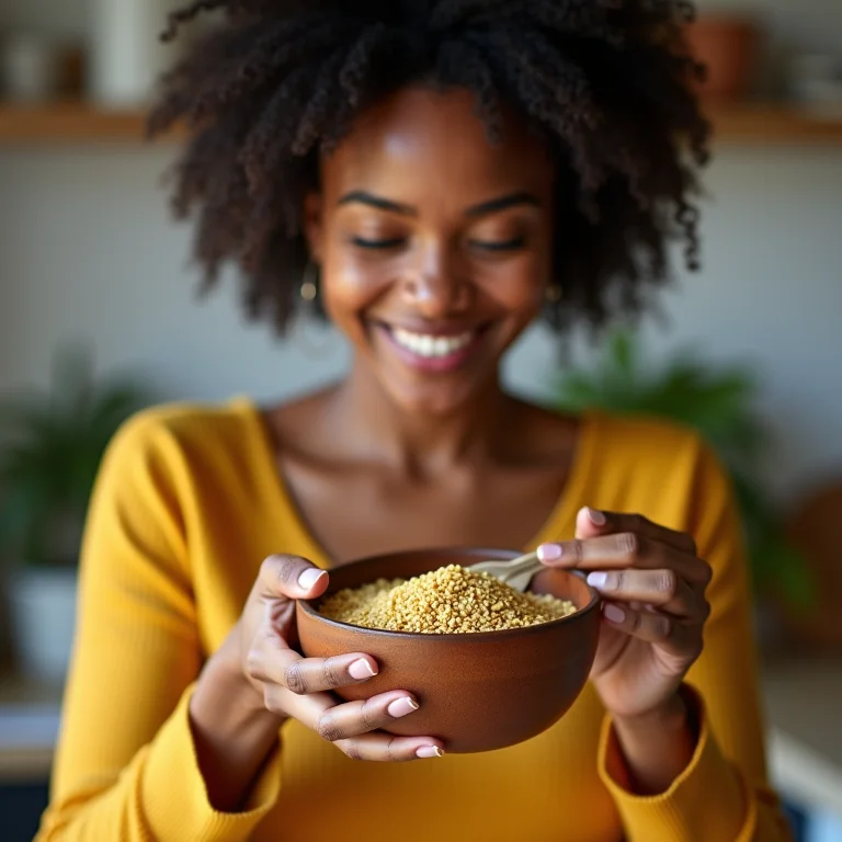 Mulher medindo ingredientes para refeição saudável com sementes de mostarda