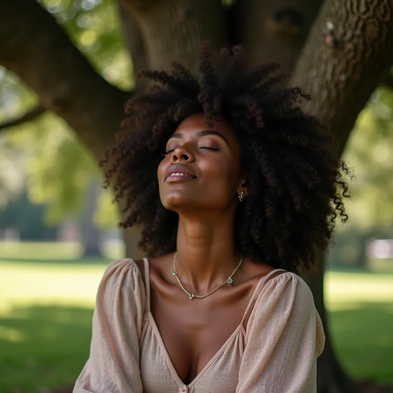 Mulher meditando sob uma árvore