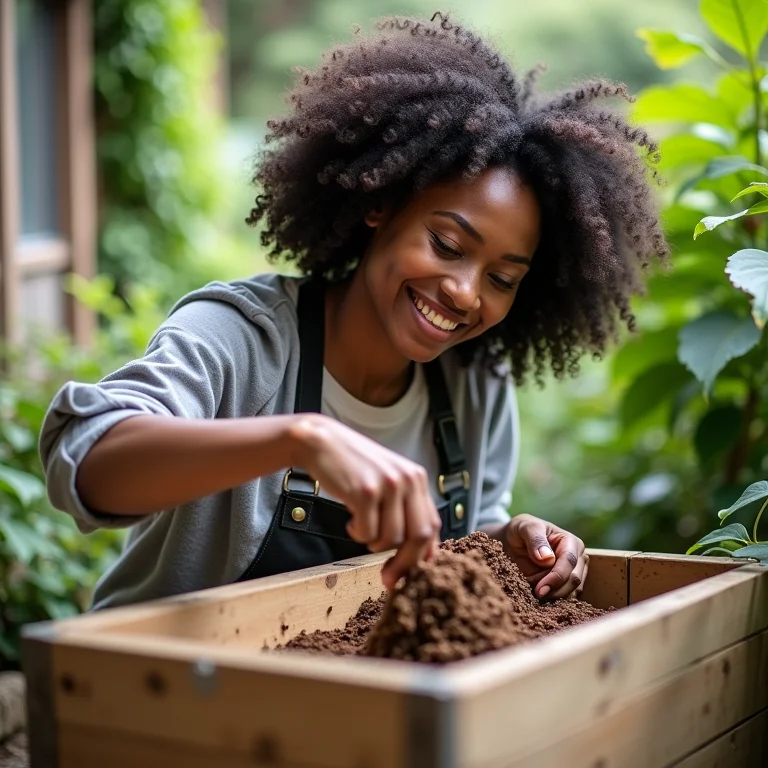 Mulher montando composteira de minhocas californianas