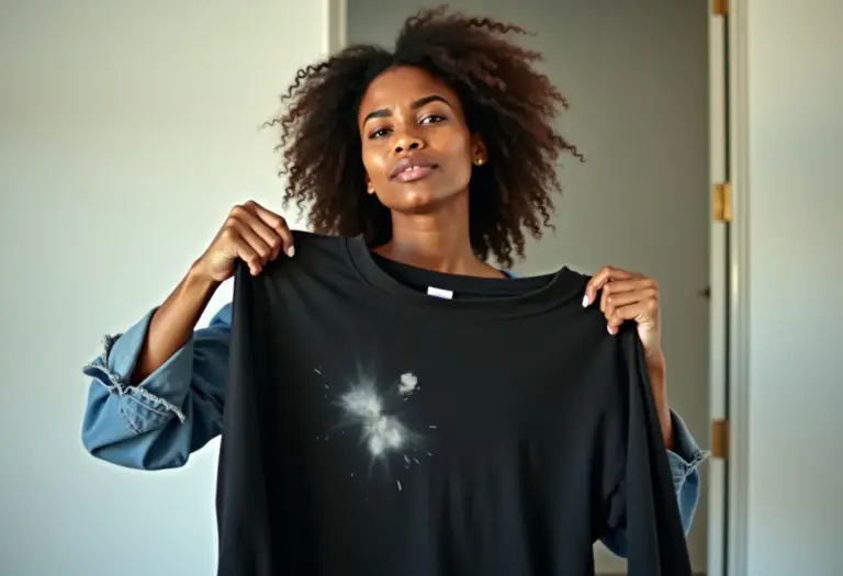 Mulher mostrando mancha de desodorante em roupa escura