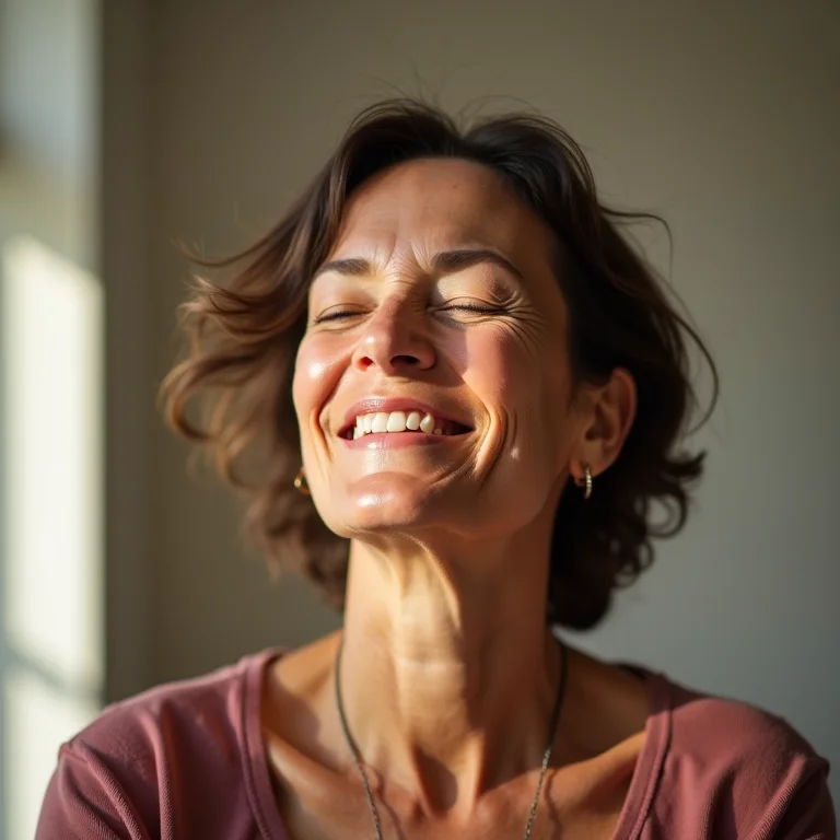 Mulher na menopausa sentindo alívio dos sintomas.