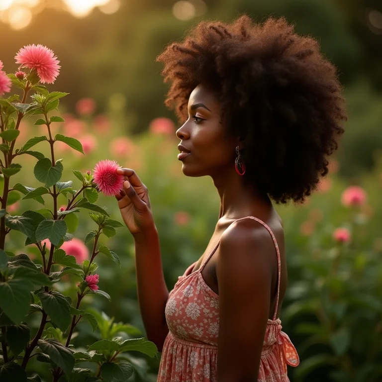 Mulher negra admirando flor de Verbena