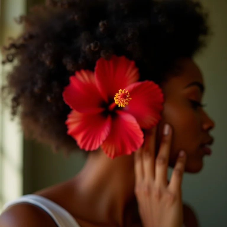 Mulher negra colocando flor de hibisco atrás da orelha.