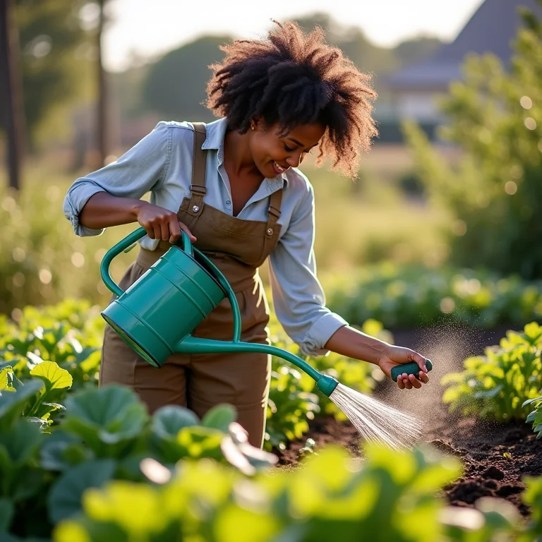 Mulher negra, com cabelo crespo, irrigando sua horta com regador.