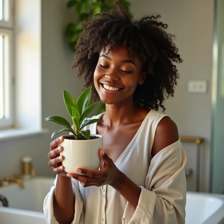 Mulher negra cuidando de planta em lavabo, destacando bem-estar