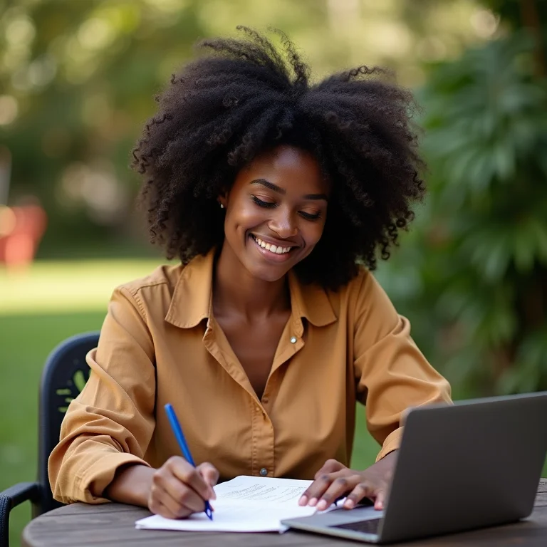 Mulher negra de cabelos cacheados anota em um jardim com laptop ao fundo.