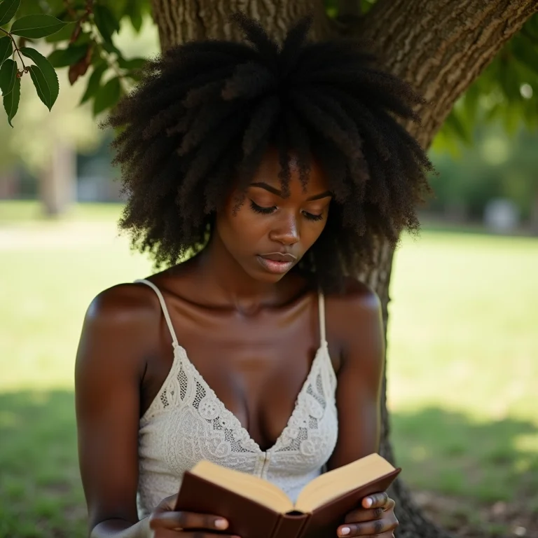 Mulher negra lendo poesia sob uma árvore.