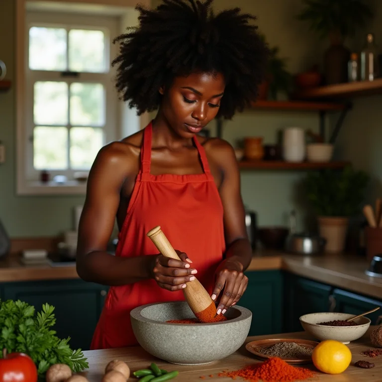 Mulher negra moendo especiarias em um pilão de pedra